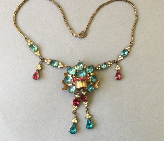 Multi-Gem 1920's Pendant and Old Gold Wheat Chain… - image 2