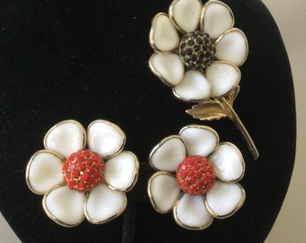 White Milk Glass Floral Brooch and Earring Set