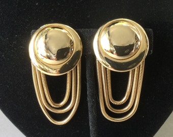 Shiny Gold Tone Round/Swag-Festoon Clip Earrings