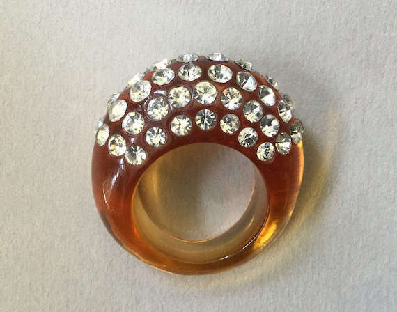 Lucite/Acrylic Honey Amber Rhinestone Ring Size 7