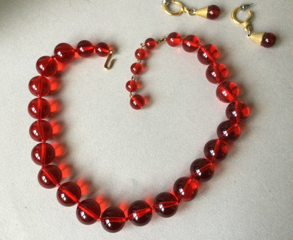 Ruby Red Lucite Bead Choker/Necklace and Earring … - image 2