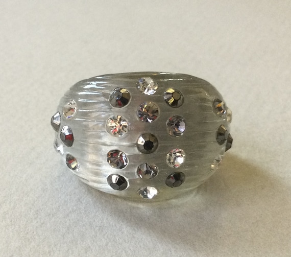 Lucite/Acrylic Silver Smoke Rhinestone Dome Ring S
