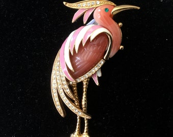 Hattie Carnegie Unsigned Heron/egret Carved Faux Coral Gold Tone
