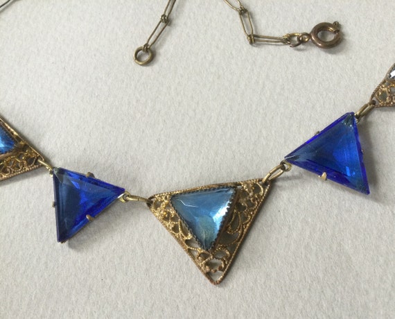 Czech Vauxhall Blue Glass Gilt Filigree Necklace