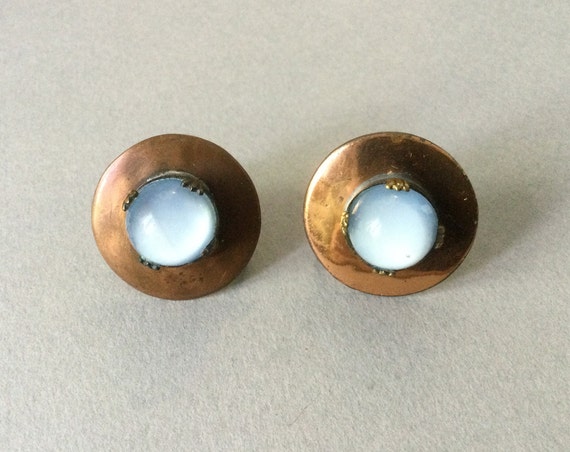 Copper Faux Opal/Moonstone Button Screw Back Earr… - image 4