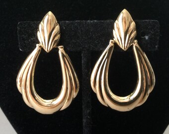 Gold Plated 925 Art Deco Dangle Hoop Pierced Earrings