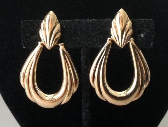 Gold Plated 925 Art Deco Dangle Hoop Pierced Earr… - image 1