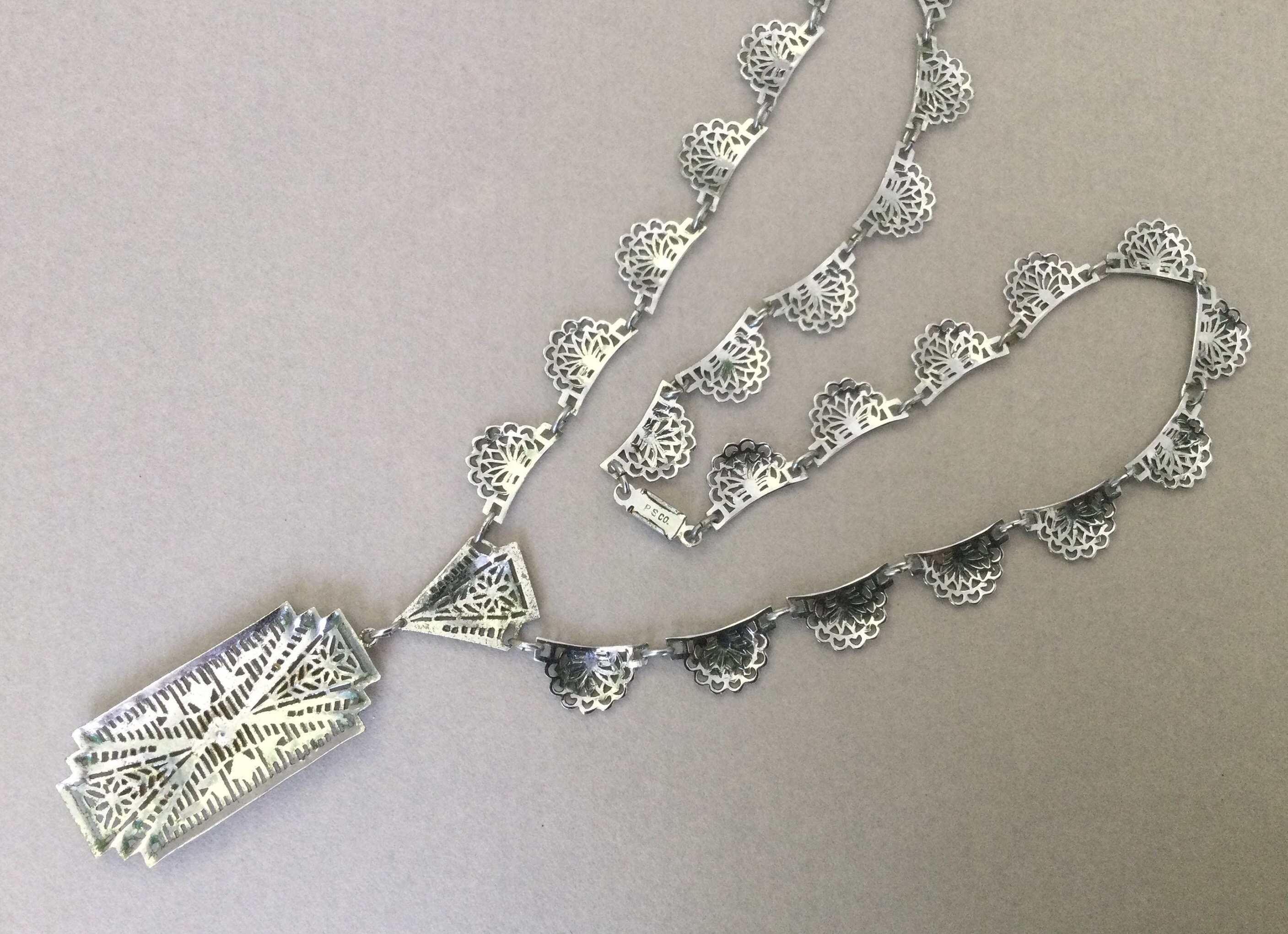 PS Co Art Nouveau Silver Tone Rhodium Plated Emerald