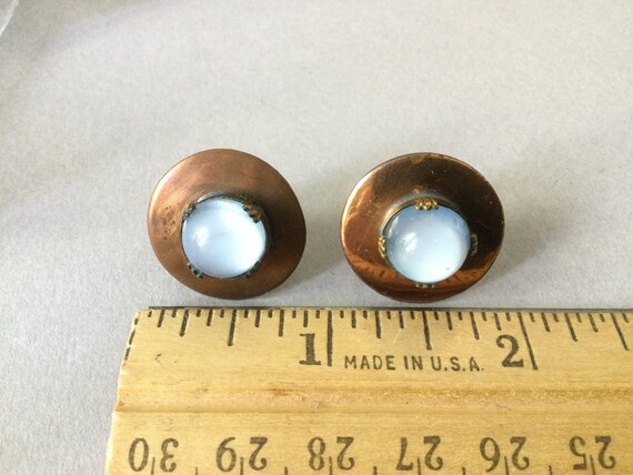 Copper Faux Opal/Moonstone Button Screw Back Earr… - image 6
