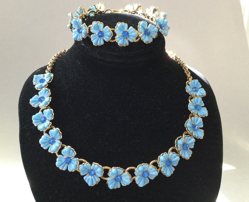 Gold Tone Blue CelluloidThermoset Necklace and Bracelet Set