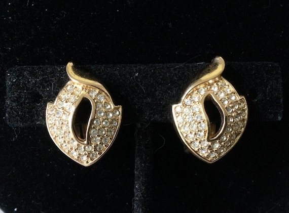 Christian Dior Gold Tone Pave Rhinestone Clip Earrings Etsy