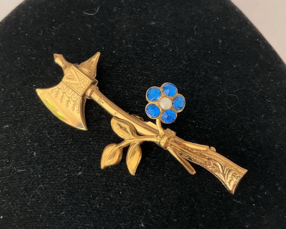 Coro Gold Tone and Blue Rhinestone Hatchet Pin/Brooch