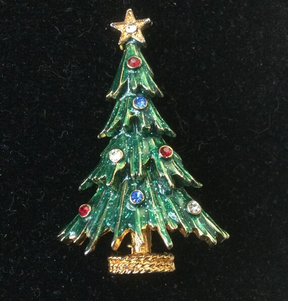 New Gold Tone Green Enamel Crystal Christmas Tree Sleigh Brooch in Gift Box