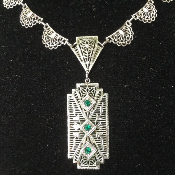PS Co Art Nouveau Silver Tone Rhodium Plated Emerald Rhinestone Filigree Necklace