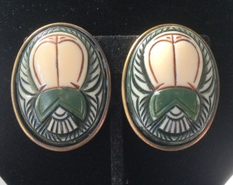 Large Oval Scarab Clip On Earrings