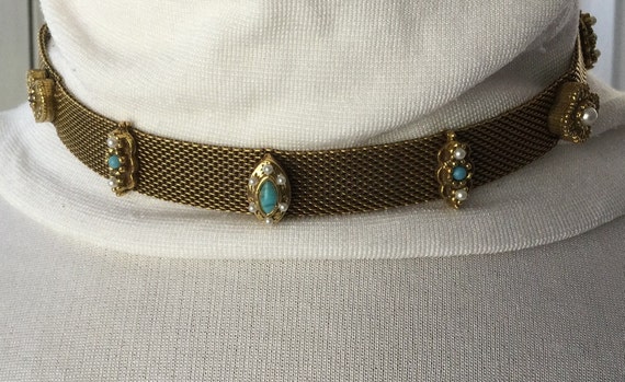 Goldette Mesh Rhinestone Faux Pearl Choker/Collar… - image 1