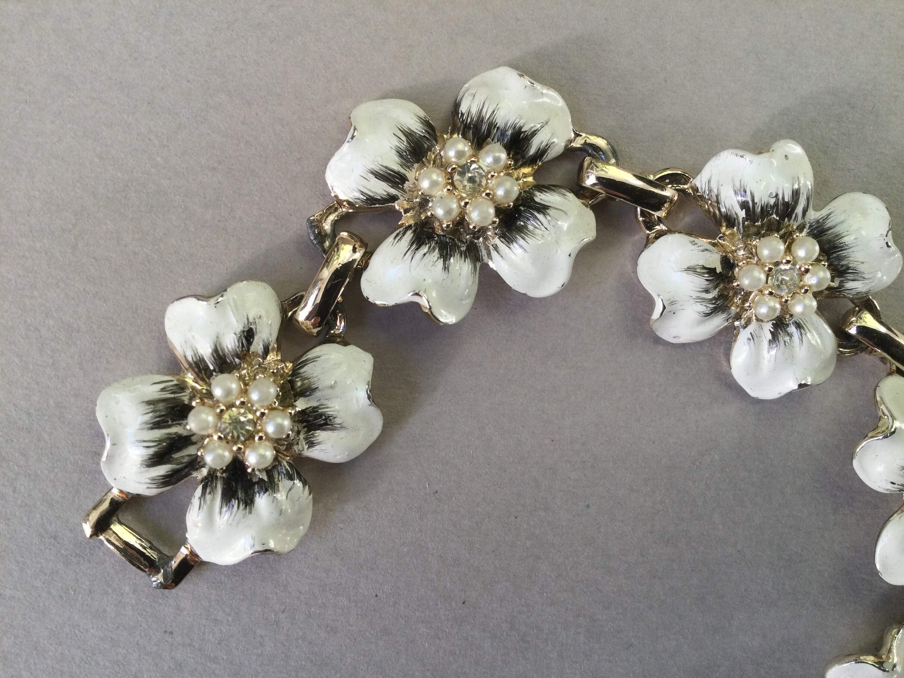 Gold Tone Enamel Pearl Rhinestone Dogwood Flower Link Bracelet - Etsy