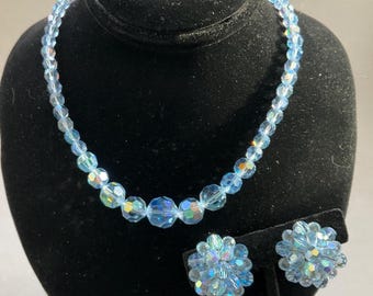 Blue Aurora Borealis Crystal Single Strand Necklace and Clip On Earring Set