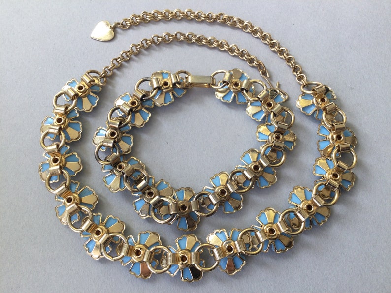Gold Tone Blue CelluloidThermoset Necklace and Bracelet Set