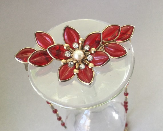 Red Gripoix Glass Flower Leaves and Bead Chain Ne… - image 3