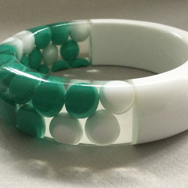 Clear/Green/White Floating Dot Lucite Bangle Bracelet