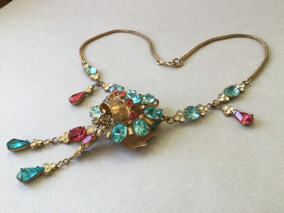 Multi-Gem 1920's Pendant and Old Gold Wheat Chain… - image 7