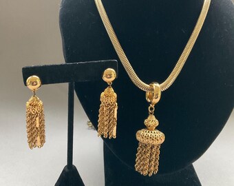 Monet Gilt Tassel Pendant and Clip Earring Set