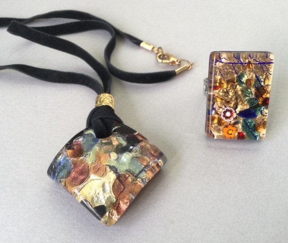 Klimt Style Vetro di Murano Art Glass Pendant and Ribbon Necklace and Adjustable Ring View 2
