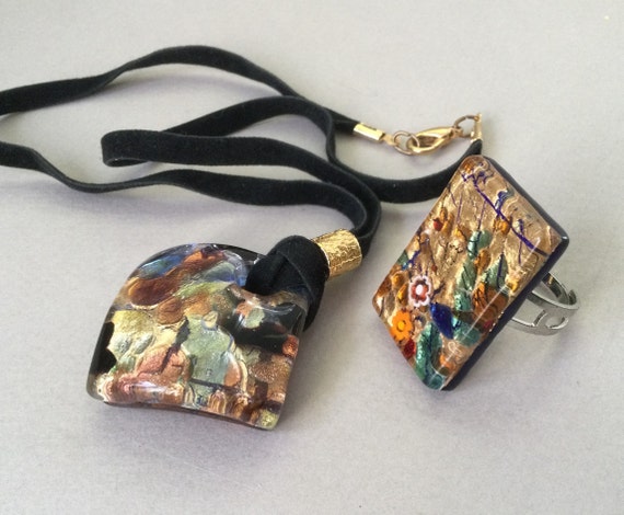 Klimt Style Vetro di Murano Art Glass Pendant and Ribbon Necklace and Adjustable Ring