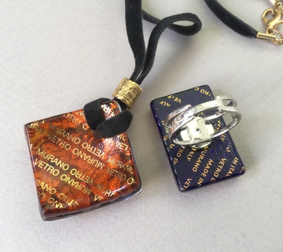 Klimt Style Vetro di Murano Art Glass Pendant and Ribbon Necklace and Adjustable Ring View 4