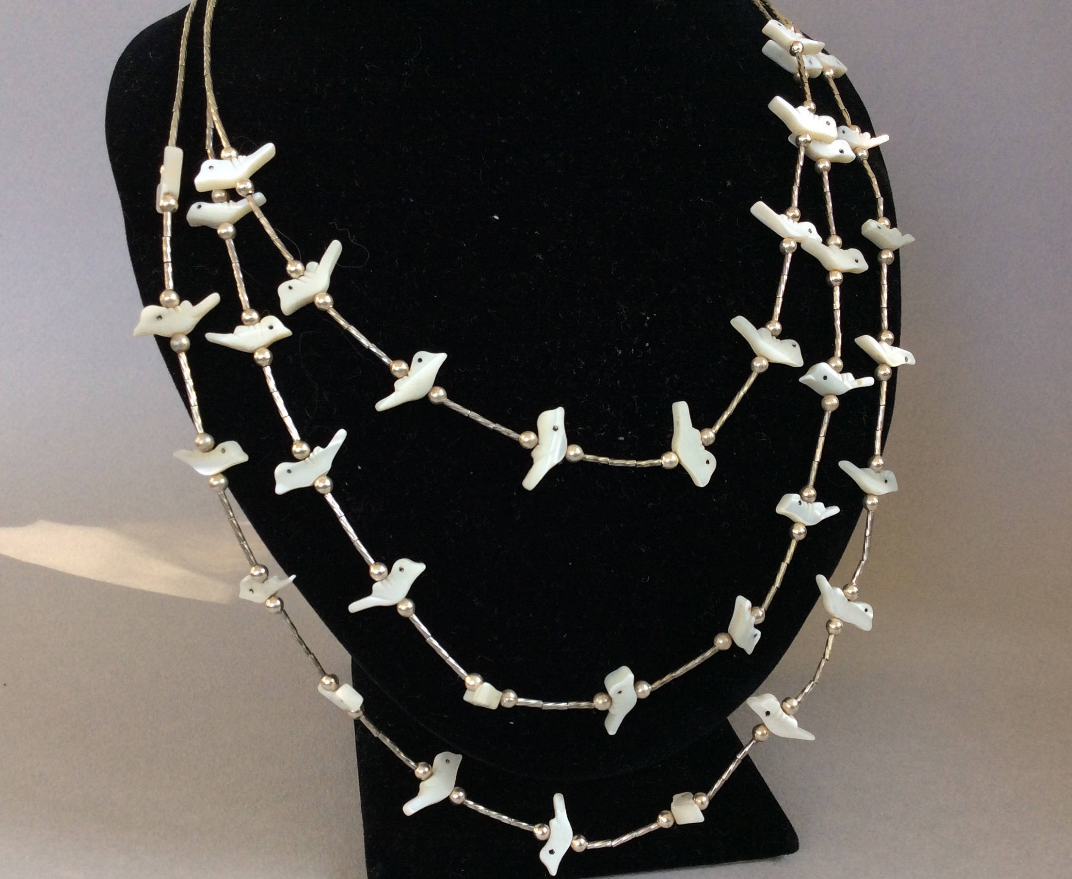 Zuni Bird Fetish Liquid Silver Three Strand Mother of Pearl Necklace