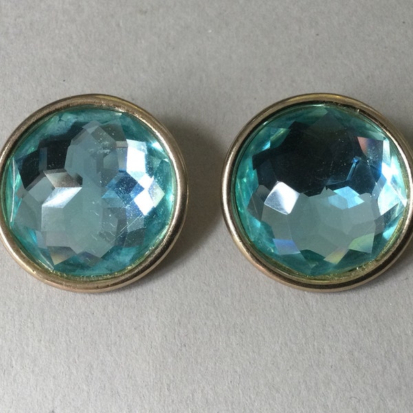 Begere Large Round Headlight Blue Faceted Glass Clip On Earrings