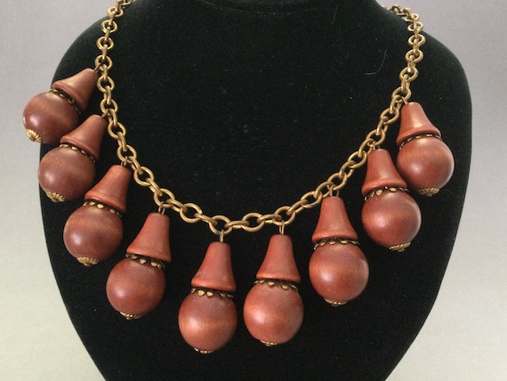 Wooden Brown Stylized Acorn Bib Necklace - image 1
