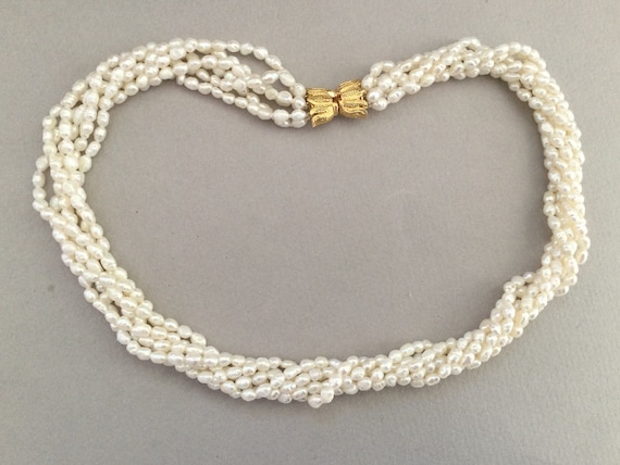 White Rice Pearl & Black Onyx Torsade Necklace 3 Multi