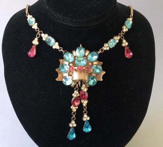 Multi-Gem 1920's Pendant and Old Gold Wheat Chain… - image 1