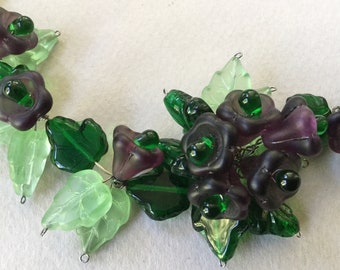 Green and Purple Art Glass Flower and Leaf Bib Necklace/Choker