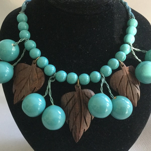 Reserved for Jill* Wooden Brown Leaf and Turquoise Cherries Bib Necklace