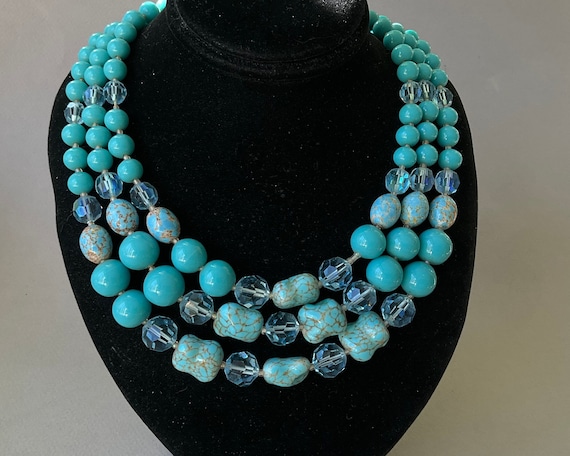 Turquoise Glass Three Strand Graduated Bead Neckl… - image 1