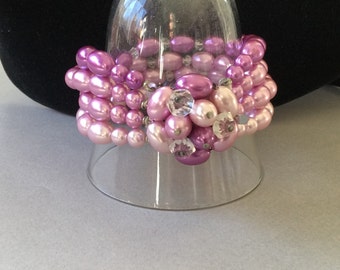 Japan Silver Tone Faux Pearl Pink/Lilac Four Strand  Bracelet