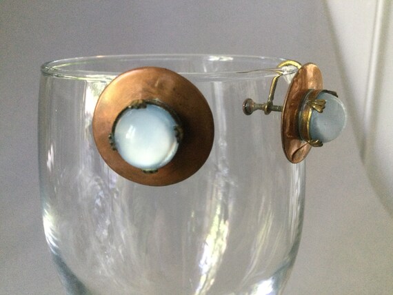Copper Faux Opal/Moonstone Button Screw Back Earr… - image 2
