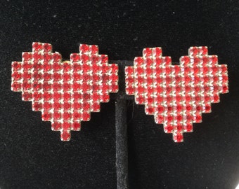 Dorothy Bauer Silver Tone Red Heart Crystal Clip Earrings