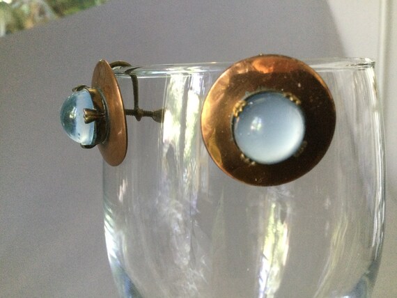Copper Faux Opal/Moonstone Button Screw Back Earr… - image 3