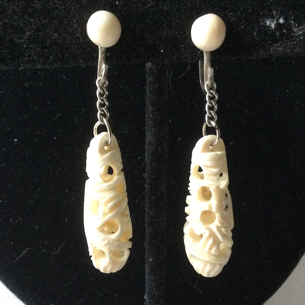 Carved Dragon Drop/Dangle Screw Back Earrings