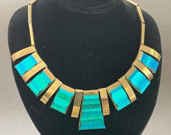 Dichroic Glowing Turquoise Blue Panel Link Necklace