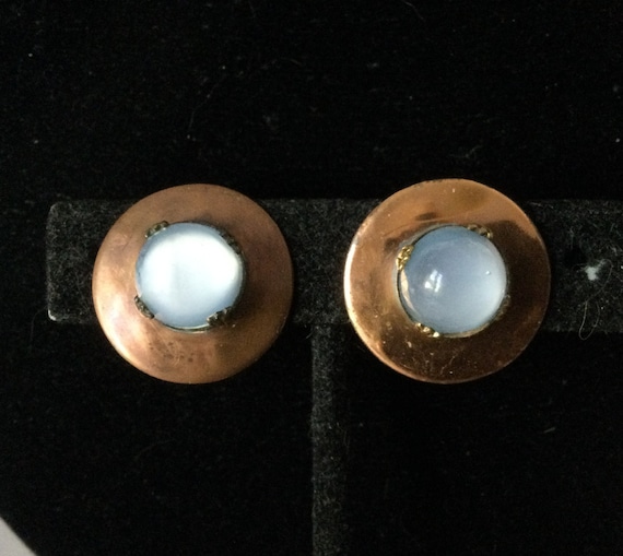 Copper Faux Opal/Moonstone Button Screw Back Earr… - image 1