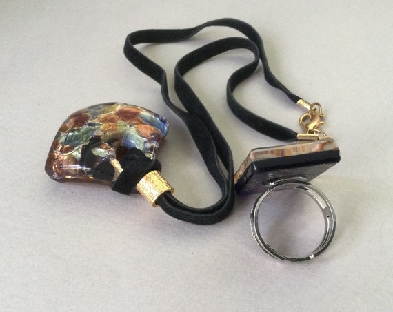 Klimt Style Vetro di Murano Art Glass Pendant and Ribbon Necklace and Adjustable Ring View 3