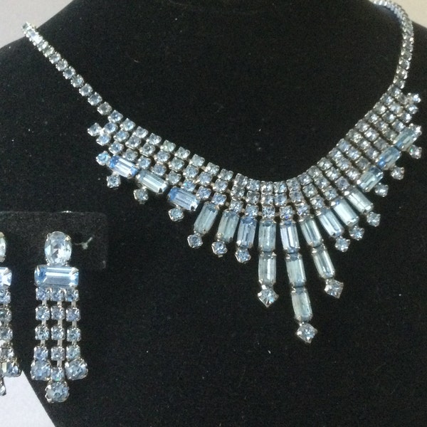 MC Weiss Fabulous Light Sapphire Blue Baguette and Round Rhinestone Necklace/Choker Earring Set