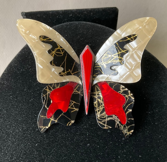Lea Stein Elf Butterfly Red White and Black Cellu… - image 1