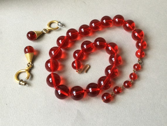 Ruby Red Lucite Bead Choker/Necklace and Earring … - image 5