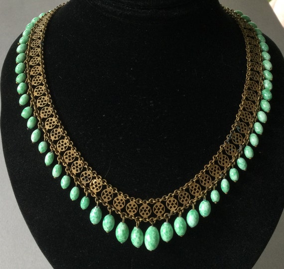 Gilt Bronze Lace Chain Peking Glass Pearl Fringe … - image 1